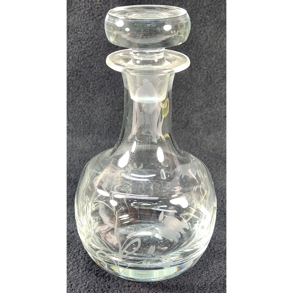 Vtg Danish Design Glass Decanter W/ Stopper Etched Floral Clear Made in Romania